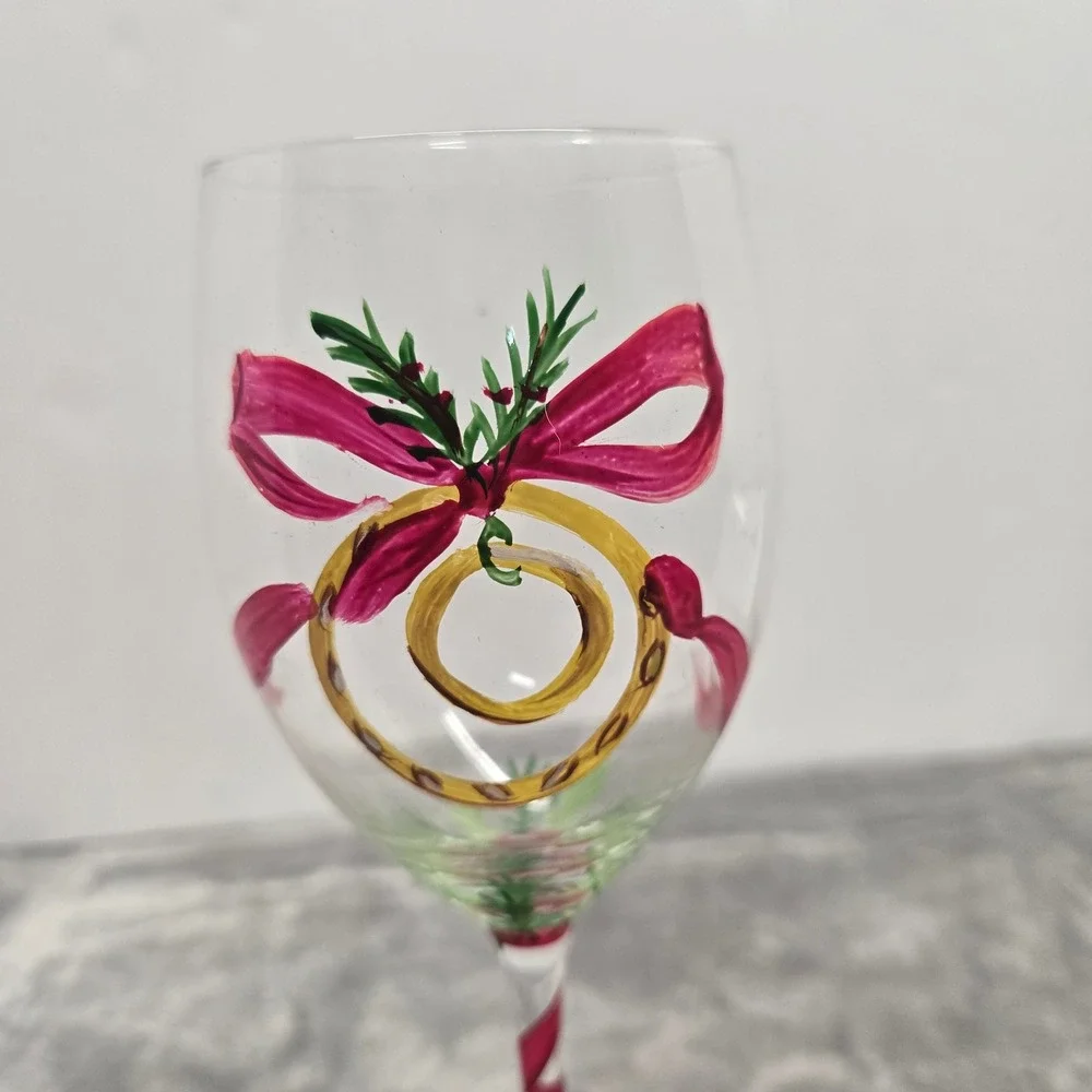 Hand Painted Christmas Wine Glass Holiday Rings Red Bow Candy Cane Stem 9 inch